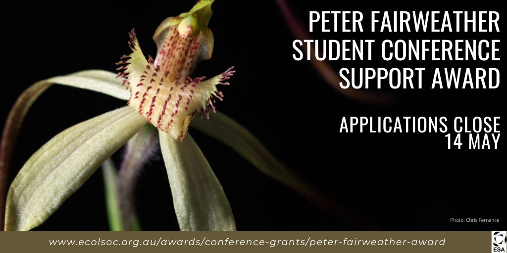 Have you heard of the Peter Fairweather Student Conference Support Award⁠? ⁠ Open to students who will present at #ESAus23, this $1000 award can be used to support conference-related travel, registration or accommodation. Applications close 14 May. ecolsoc.org.au/awards/confere…
