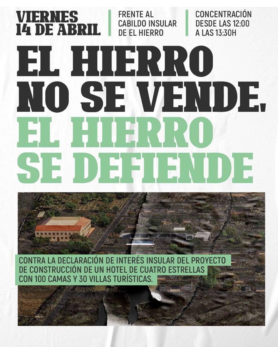 elpaiscanario's tweet photo. El viernes 14 de abril, tod@s con El Hierro.

Concentración frente al Cabildo Insular. 

¡¡¡EL HIERRO NO SE VENDE, EL HIERRO SE DEFIENDE!!!

#ElHierro #IslasCanarias 

       ✊✊✊✊✊✊✊ https://t.co/9PFbnGc1rq