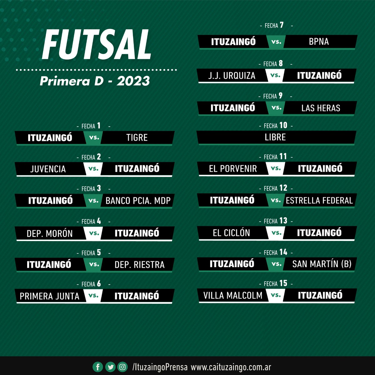 FIXTURE 2023 - ZONA B 🗓️

🥇Los dos campeones de cada zona ascienden directo.
🔜 Del segundo al quinto ingresan a los Play Off.
⬇️ Los últimos cinco de cada zona quedarán desafiliados.

El inicio del torneo será este fin de semana ⚽️

#SomosItuzaingó 🟢⚪🟢