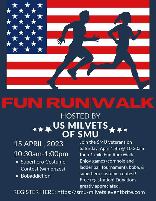 The SMU MilVets are excited to host the 1st Annual SMU MilVets FunRun/Walk! It is Superhero-themed and FREE to attend so come dressed like the Superhero you are. We will also have tournament-style lawn games like Cornhole and Ladderball with awards for the winners.