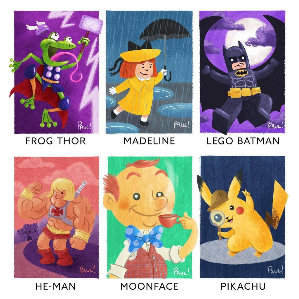 PHallamCreates's tweet photo. Flashback to when #sixfanarts was a thing. I really enjoyed this challenge and still like some of the drawings. 

#sixfanartschallenge #legobatman #pikachu #heman #moonface #frogthor #madeline #childrensbookillustration #childrensbooks #childrensbookart … https://t.co/S5G3AdW95j https://t.co/2MeeDO3AZF
