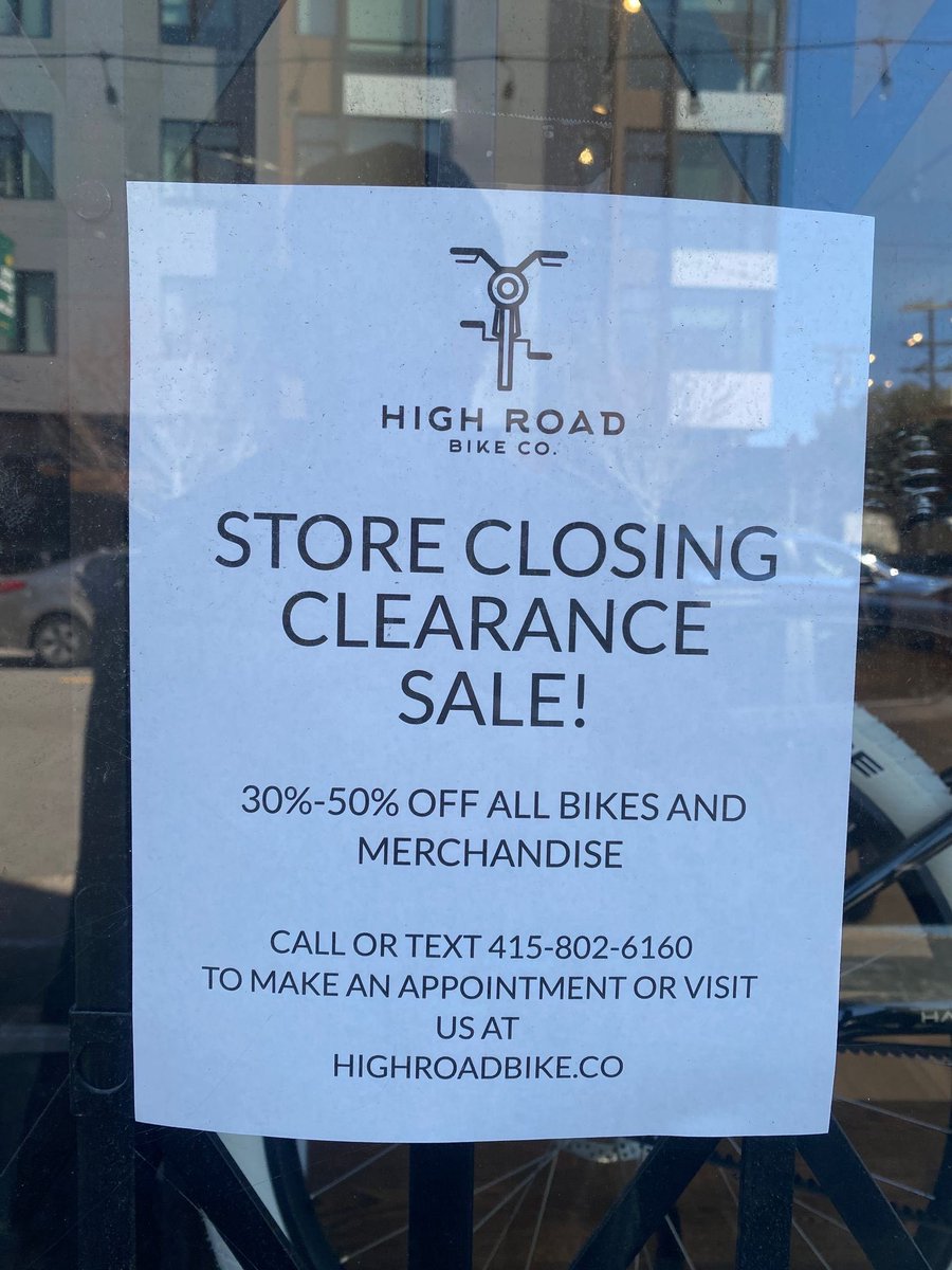 Another neighborhood store in SF shuts down due to vandalism and break ins:

“After repeated break-in attempts over the last year, and more broken windows than we can count, we recently made the tough decision to close down the High Road Bike Shop.”