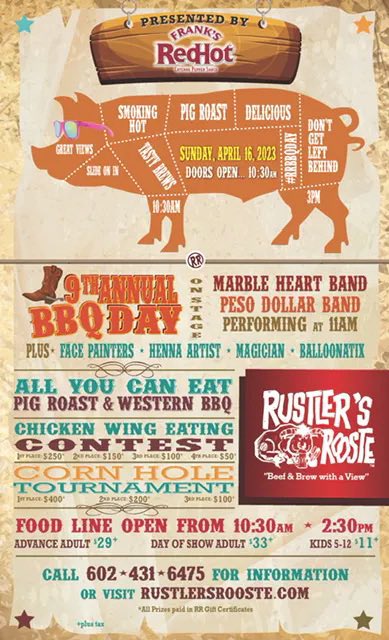 RustlersRooste's tweet photo. 🐷ALL YOU CAN EAT BBQ & PIG ROAST🐷 This Sunday at 1030am - 3pm. Two live bands, henna artists, balloon twisters, face painters, Cornhole Tourney, Wing Eating Competition and MORE! 602-431-6474 #AZ #PHX #MYPHX #Arizona #Phoenix #VisitPhx #VisitAz #thingstodophx #pigroast #azfood https://t.co/X0Oy3O3i0G