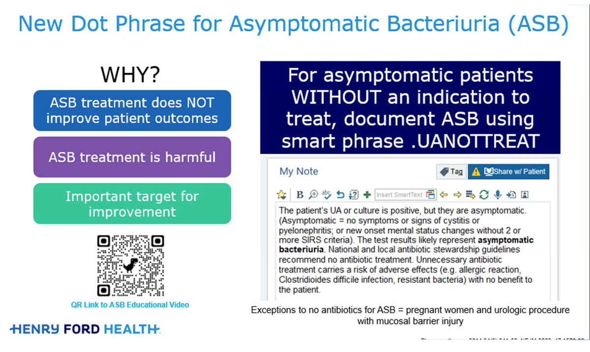 Want to make it easy for providers to NOT prescribe antibiotics for asymptomatic bacteriuria? Try this dot phrase shared at #SHEASpring2023.