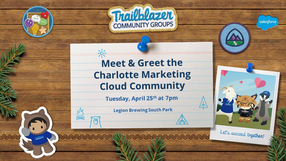 Join the Salesforce Marketer Group (Marketing Cloud) on Tuesday, 4/25 at 7pm EST for a meet and greet at Legion Brewing South Park. Use the link below to RSVP. Come out and meet the Charlotte Marketing Cloud Community!

Twitter - bit.ly/417kfPq