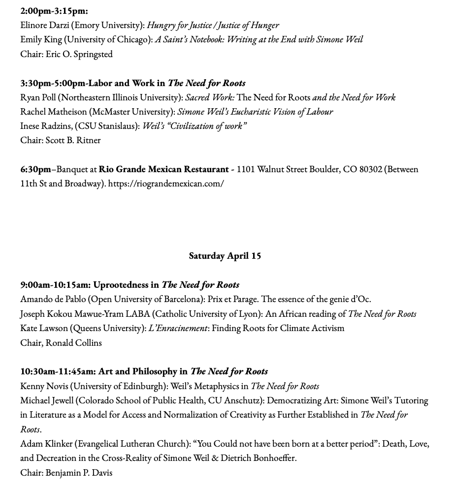 WeilSociety's tweet photo. The American Weil Society is pleased to share the final schedule for this year's colloquy centered on THE NEED FOR ROOTS. https://t.co/1dYvEbopOg