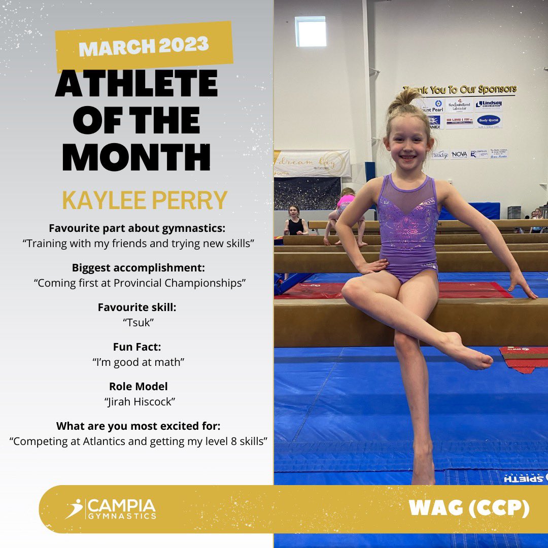 Congratulations to our March 2023 Athletes of the Month for our competitive program sponsored by Booster Juice! 👏

⭐️ Gabi Johnston - WAG (XCEL)
⭐️ Gwen MacKay - TRA
⭐️ Aden O’Brien - MAG
⭐️ Kaylee Perry - WAG (CCP)