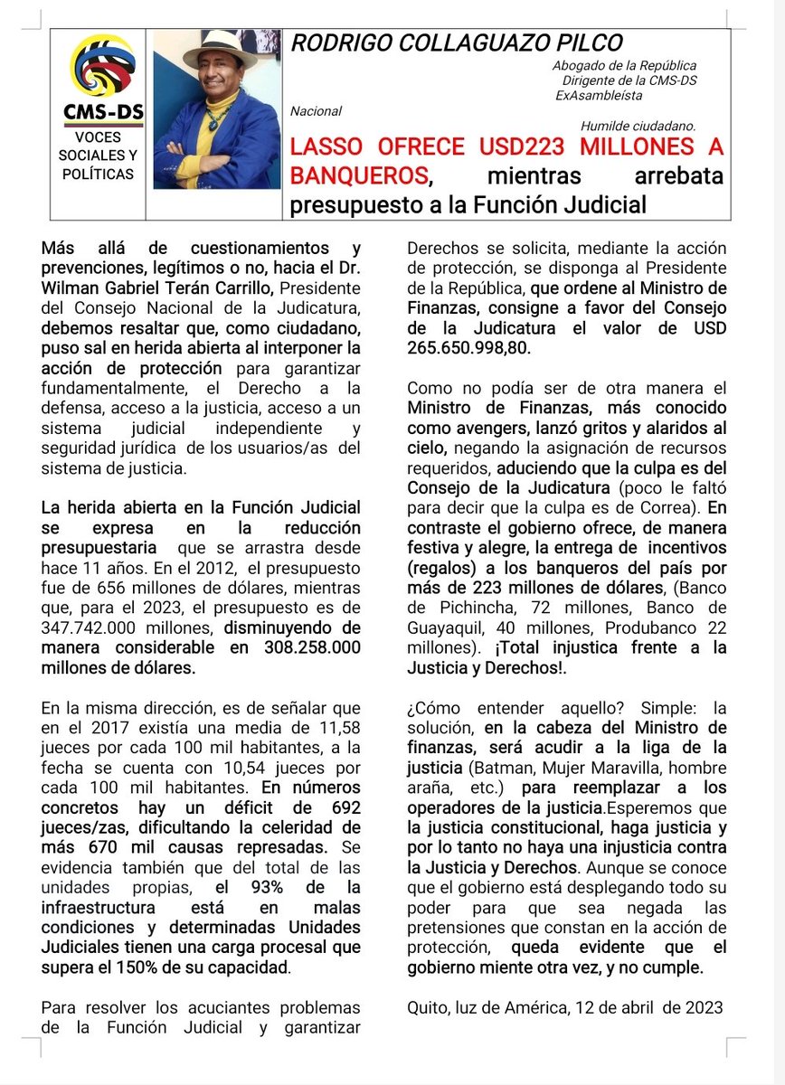 rodricollaguazo's tweet photo. ‼️LASSO OFRECE USD223 MILLONES A BANQUEROS, MIENTRAS ARREBATA PRESUPUESTO A LA FUNCIÓN JUDICIAL ‼️ 
¿Cómo entender? la solución, en la cabeza del Ministro de finanzas, será acudir a la liga de la justicia (Batman, hombre araña...) para reemplazar a los operadores de la justicia. https://t.co/3WtZvPINLq