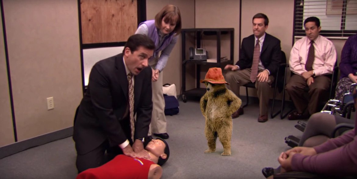 FictusFilms's tweet photo. Paddington in the Office, learning CPR
Each day I post pictures of Paddington (which may or may not be photoshopped) #pic70
#TheOffice https://t.co/eDBkX5QRMU