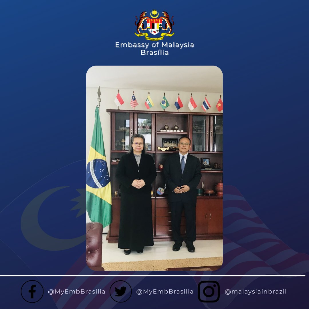 MYembBrasilia's tweet photo. Ambassador-designate of Malaysia, H.E. Gloria Tiwet paid a courtesy call on Ambassador of Myanmar to Brazil, H.E. Aung Kyaw Zan. Both sides discussed issues of mutual interest.

#malaysiainbrazil https://t.co/uomVPqZBrZ