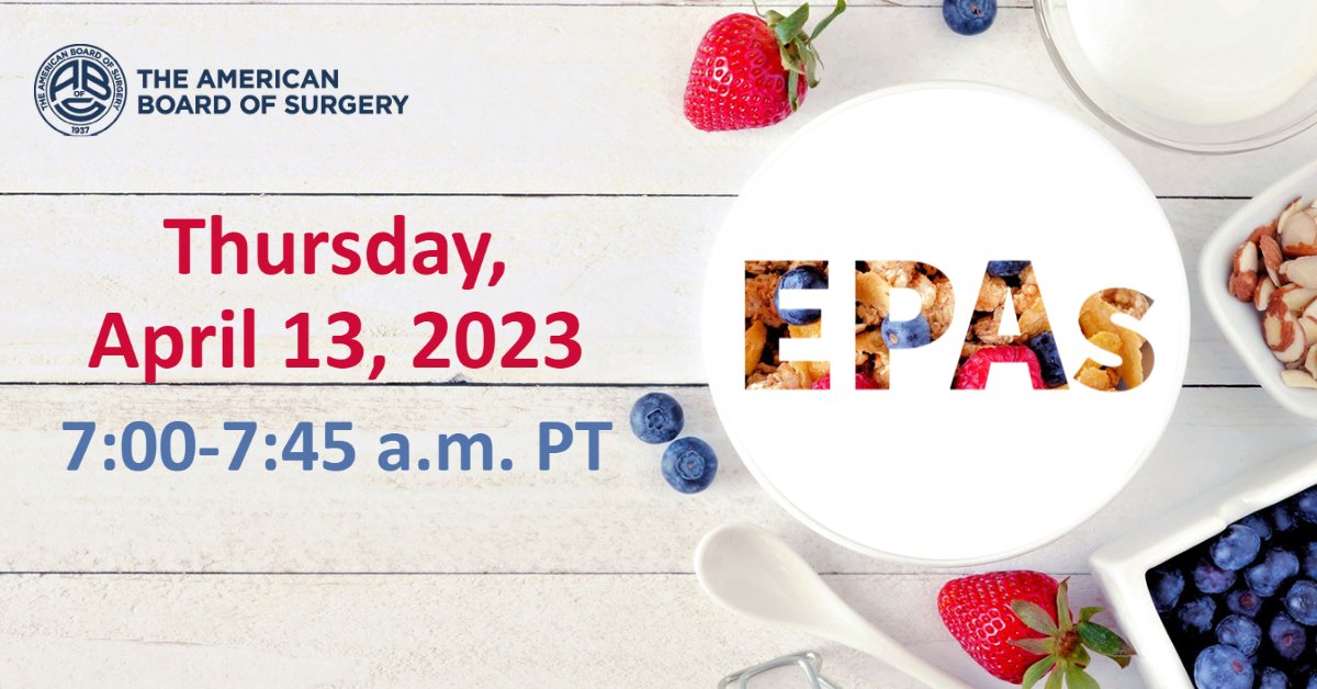 AmBdSurg's tweet image. Hey @APDSurgery members, join us for breakfast! What&apos;s on the menu? #EPAs, of course! Tomorrow beginning at 7 am, the ABS team will provide a brief update on the #ABSEPAProject, followed by a town hall-style open forum. We hope to see you there! #SEW2023