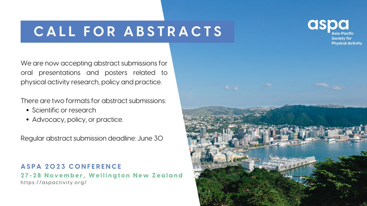 📣 Don't miss out on the opportunity to present your research on #physicalactivity at ASPA 2023!

Submit your abstract now!

👉  abstract.aspactivity.org

#AbstractSubmission #ASPA2023 #research