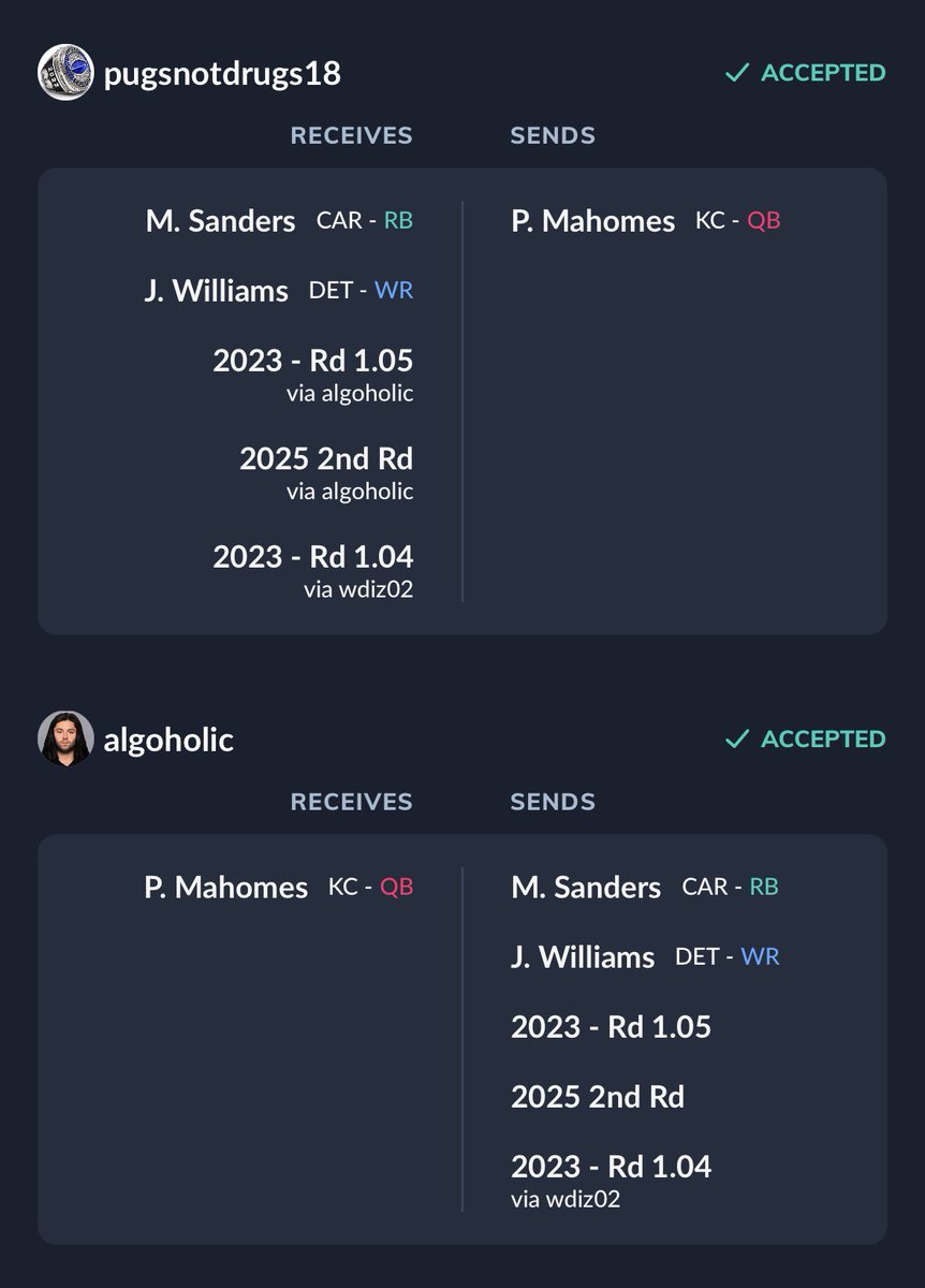 NFLHatesBrowns's tweet photo. Who won the is trade? Dynasty Superflex. Ppr. 2 rb, 3 wr + regular flex. @DynastyZoltanFF @PFF_Fantasy @DynastyNerds @FantasyPros @TheFFBallers @TheFFdynasty https://t.co/YJdhT0wAzQ