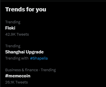 FLOKI's tweet photo. #FLOKI is trending alongside #Ethereum's Shanghai Upgrade (#Shapella) and #memecoin!

I guess you could say that $FLOKI is really paw-pular today!🐕 https://t.co/1kHMDSjuXA