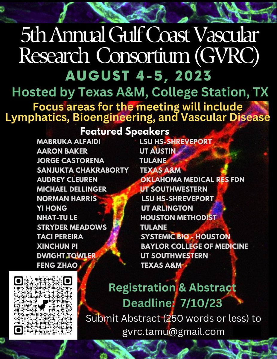 Sanjukta Chakraborty Lab (@chakrabortyslab) on Twitter photo Submit your abstracts for the 5th Annual GVRC to be hosted by <a href="/TAMU/">Texas A&M University</a> in College Station. Featured cross disciplinary sessions will include #lymphatics #vasculardisease #bioengineering. Abstracts will be selected for short talks so get them in!!! Submit your abstracts for the 5th Annual GVRC to be hosted by <a href="/TAMU/">Texas A&M University</a> in College Station. Featured cross disciplinary sessions will include #lymphatics #vasculardisease #bioengineering. Abstracts will be selected for short talks so get them in!!!