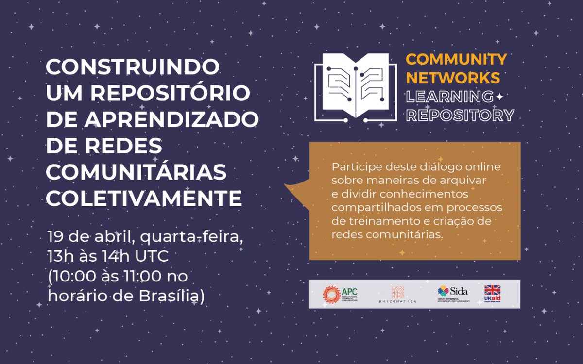 🌟19 abril - 13 h UTC
Temos o prazer de convidar vocês para um# diálogo sobre maneiras de manter e compartilhar conhecimentos entre experiências de #redescomunitárias
O diálogo marcará o #lançamento do #repositório para redes comunitárias.