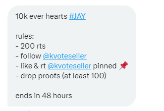 hyr54tr's tweet photo. 10k ever hearts #JAY 

rules: 
- 200 rts 
-  follow @kvoteseller
- like &amp; rt @kvoteseller pinned 📌
- drop proofs (at least 100)  
   ends in 48 hours 

#enfuelup #envoosters #enhypen https://t.co/Otav2ia65E