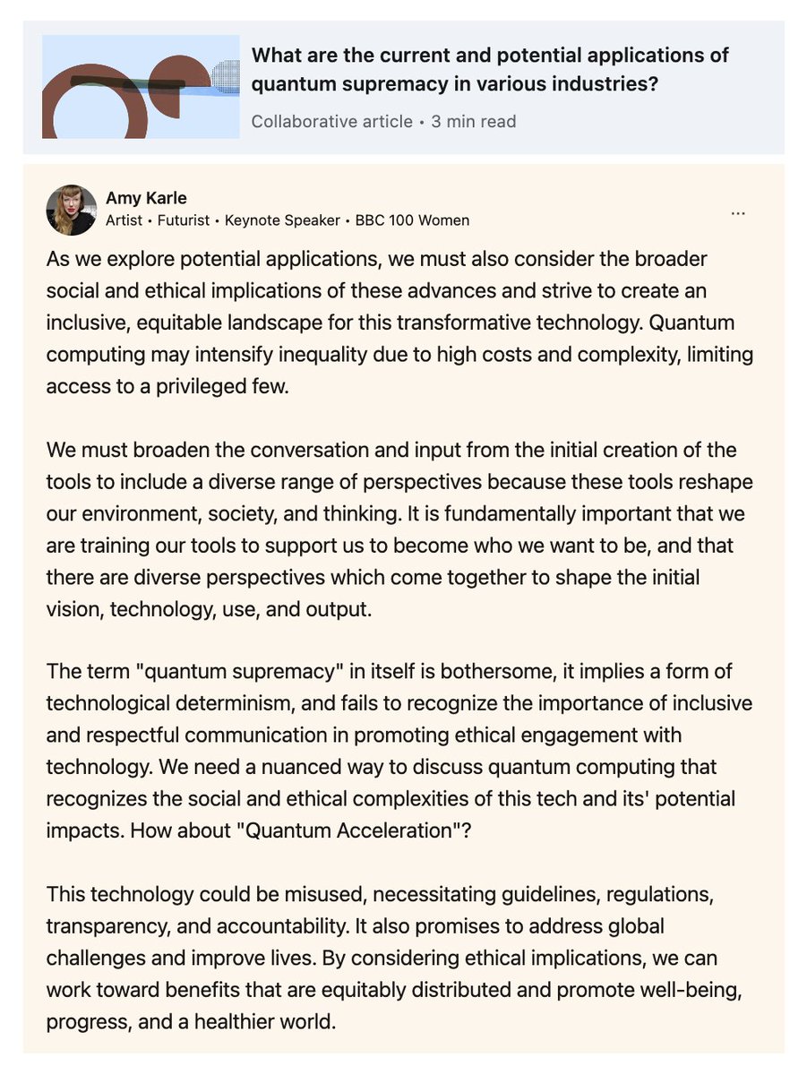 amykarle's tweet photo. We need a nuanced, care-full way to discuss #exponentialtechnology that recognizes the social 
/ ethical complexities &amp; potential impacts

In this case👇 what do you think about "Quantum Acceleration"? 

https://t.co/LLRaJ3L96i

#quantumcomputing #techethics #Quantumacceleration https://t.co/30MTzlXKVJ