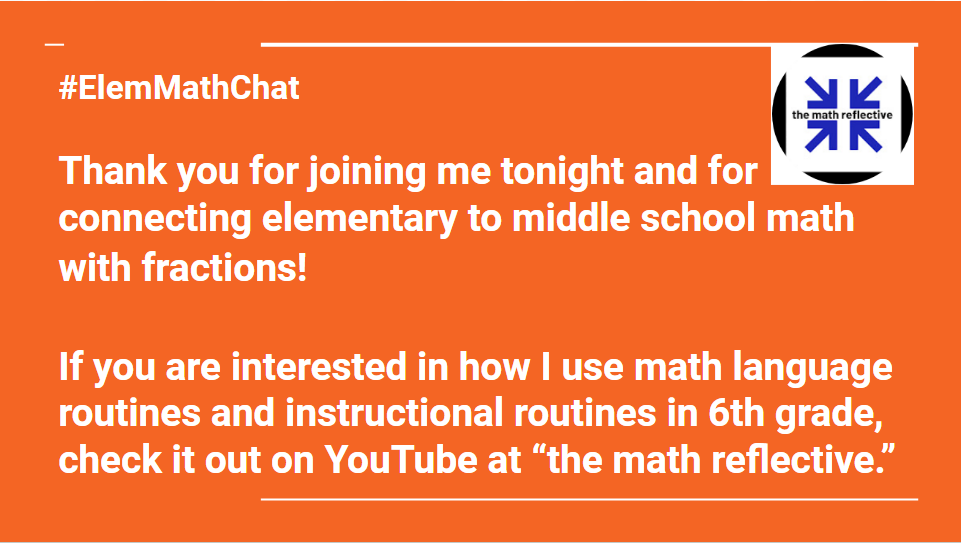 mathreflective's tweet image. #ElemMathChat Thank you for joining me tonight to connect fractions in elementary and middle school math! I reflect and share more about teaching 6th grade math with #OpenUpMath on my channel: youtube.com/channel/UC2thP…