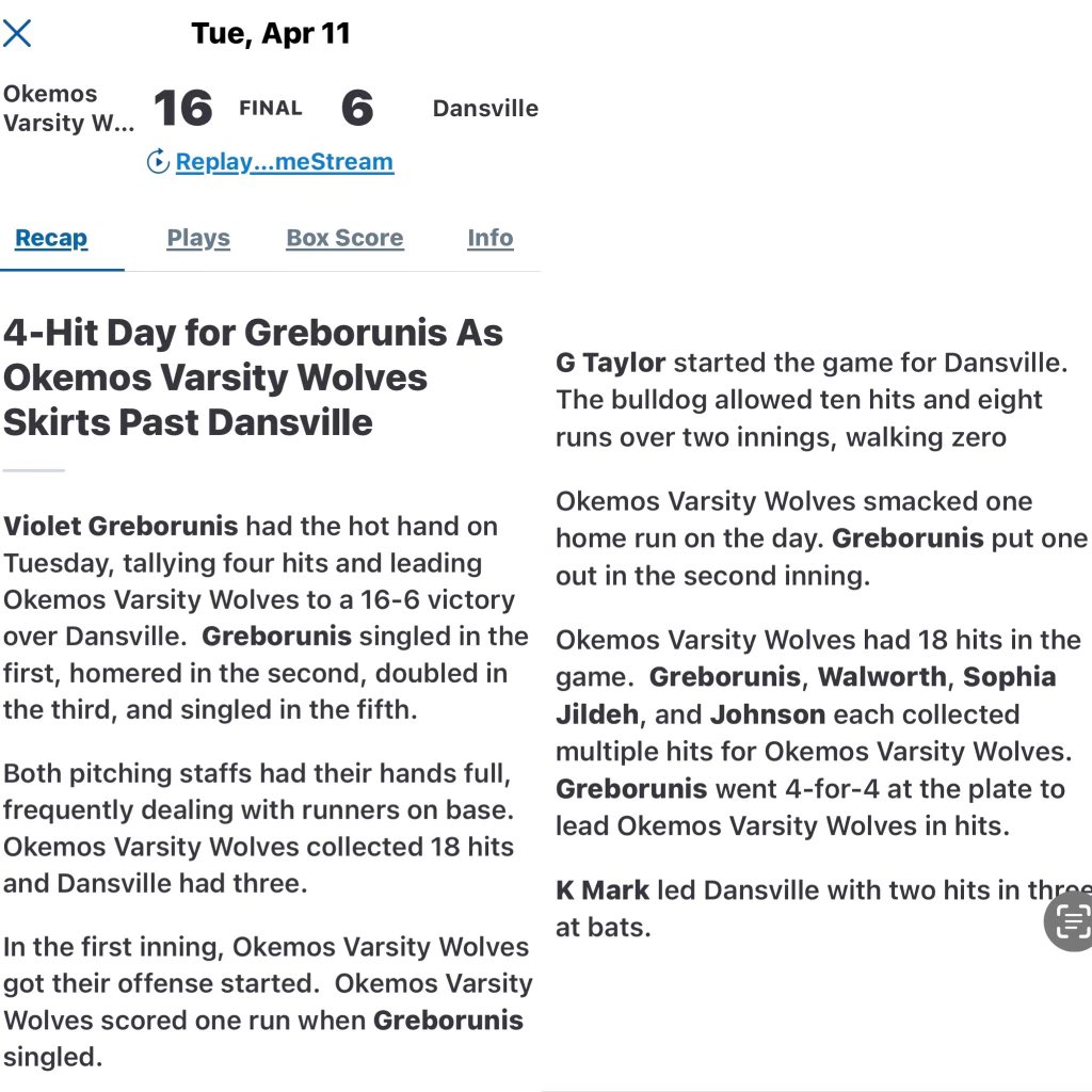 Violet Greborunis (@v_greborunis) on Twitter photo Yesterday I hit my first home run of the season and earned our first win of the season pitching a complete game vs Dansville! 16-6 in 5 innings! <a href="/Okemos_WolvesSB/">Okemos Wolves Softball</a> <a href="/OkemosSports/">Okemos Wolves Athletics</a> <a href="/LSJNews/">Lansing State Journal</a> <a href="/brian_calloway/">Brian Calloway</a> <a href="/ShoMcDonald/">Sharonda McDonald</a> <a href="/McCallSalmon/">McCall Salmon</a> <a href="/svsu_ryan/">CoachRyan</a> <a href="/GVSUSoftball/">GVSU Softball</a> <a href="/SUncommitted/">Softball Uncommitted</a> <a href="/SBRRetweets/">Softball Recruiting Reposts</a> Yesterday I hit my first home run of the season and earned our first win of the season pitching a complete game vs Dansville! 16-6 in 5 innings! <a href="/Okemos_WolvesSB/">Okemos Wolves Softball</a> <a href="/OkemosSports/">Okemos Wolves Athletics</a> <a href="/LSJNews/">Lansing State Journal</a> <a href="/brian_calloway/">Brian Calloway</a> <a href="/ShoMcDonald/">Sharonda McDonald</a> <a href="/McCallSalmon/">McCall Salmon</a> <a href="/svsu_ryan/">CoachRyan</a> <a href="/GVSUSoftball/">GVSU Softball</a> <a href="/SUncommitted/">Softball Uncommitted</a> <a href="/SBRRetweets/">Softball Recruiting Reposts</a>