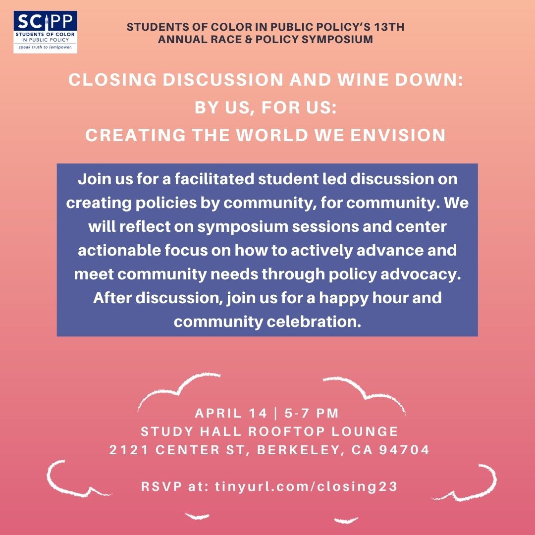 GoldmanSchool's tweet photo. Join us on Friday 4/14 at 5pm for the final event of Another World Is Possible, Closing and Wine Down, featuring Nicole Ramirez, MPP'24; David Dixon, MPA '23; and Neeka Mahdavi, MPP '24. Hosted by Students of Color in Public Policy.
Details + Registration: https://t.co/nFngC3hm1h https://t.co/qS8muOzstr