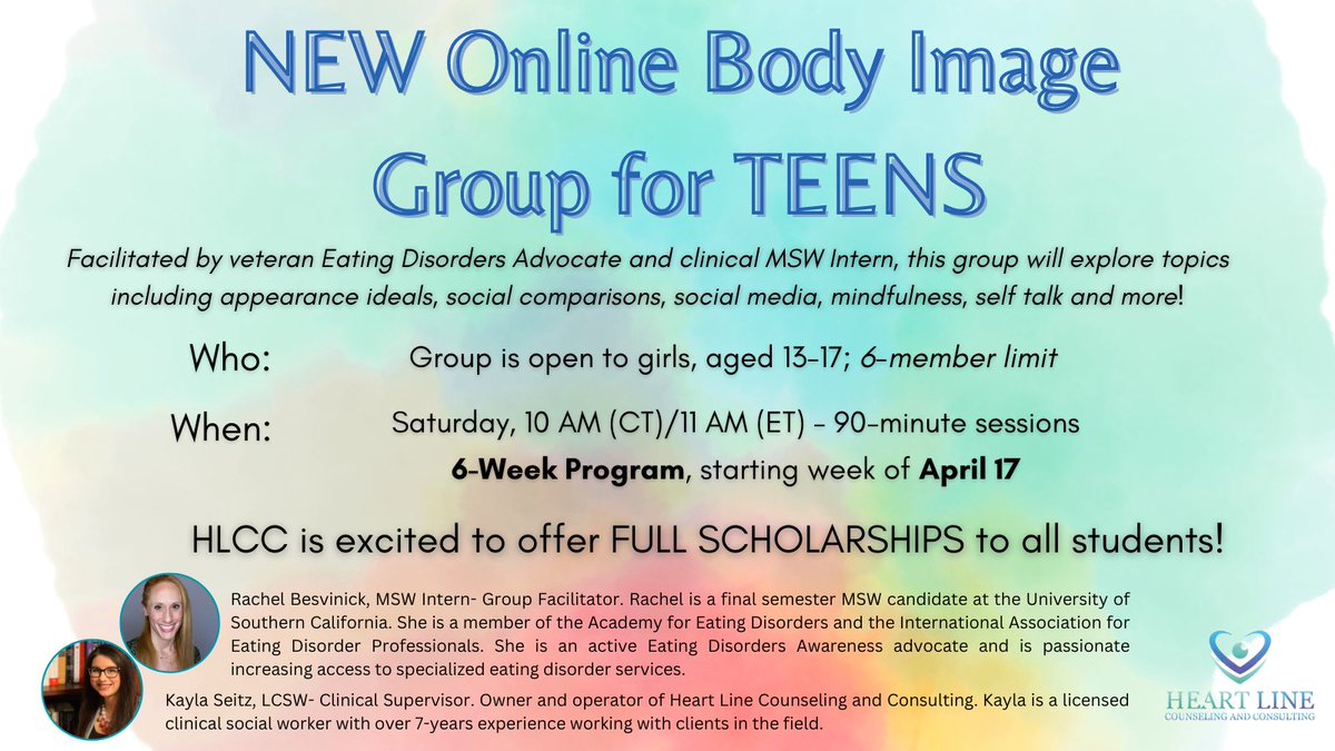 HeartLine_CC's tweet photo. HLCC is excited to announce the launch of our "Teen Body Image Group", Saturday, 4/22 - Facilitated by longtime Eating Disorders Awareness Advocate and clinical MSW Intern, @RBesvinick - Please see details below!

#bodyimage #MentalHealthMatters #TherapistsConnect https://t.co/BksDImvWKT