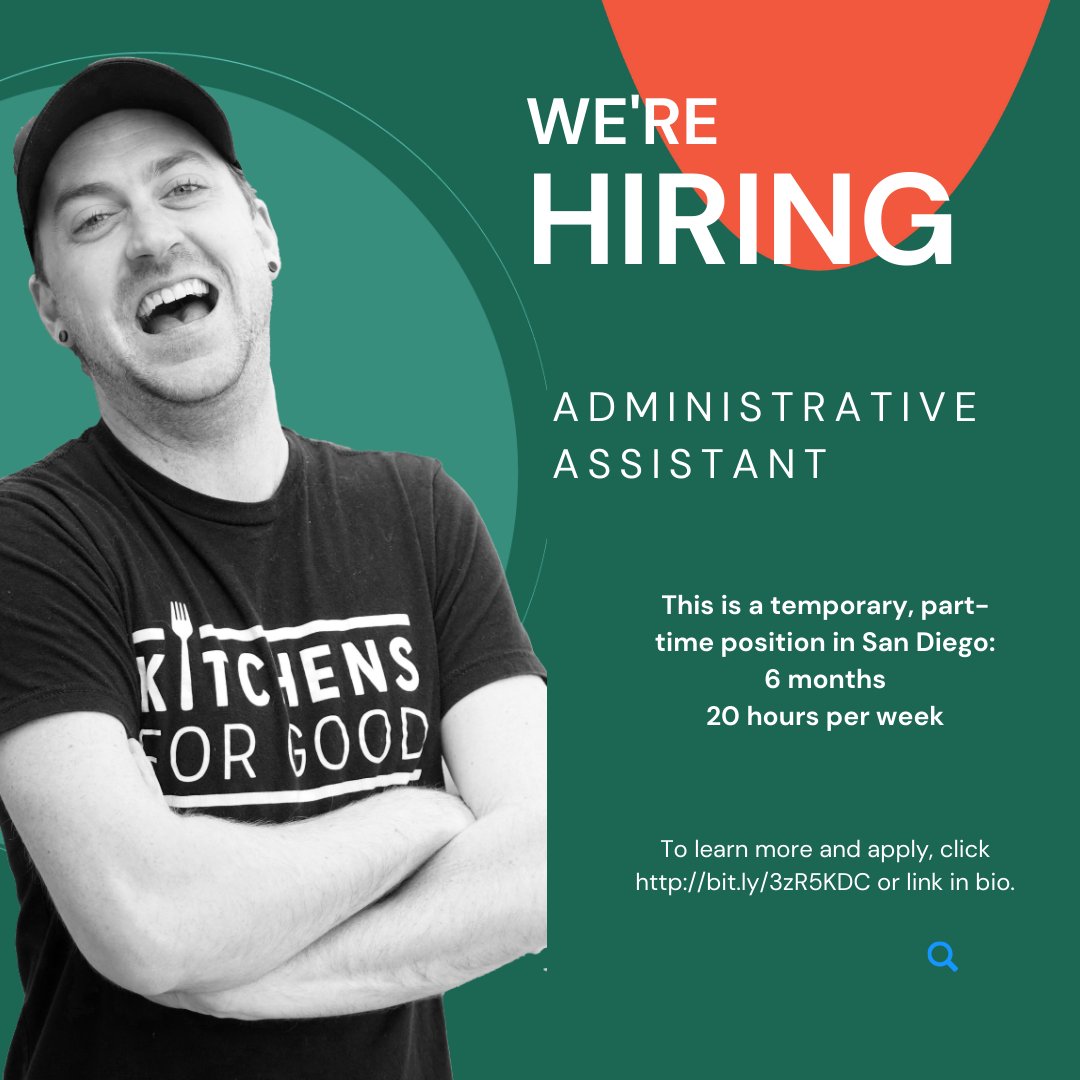 Kitchens for Good Alumni!! We're seeking an Administrative Assistant to help connect candidates with our network of employer partners. You will explain Kitchens for Good's mission, employment opportunities, hiring process, and more. Interested? Click bit.ly/3zR5KDC!