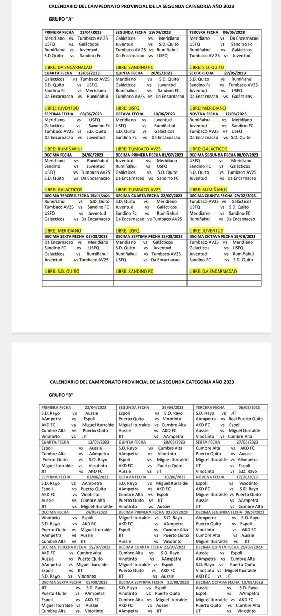 jlassoCh's tweet image. Listo el calendario del Campeonato Provincial 2da Categoría. Será que ahora si arranca? 
#AFNA @SDQuito_Oficial @SDQuitoAKD