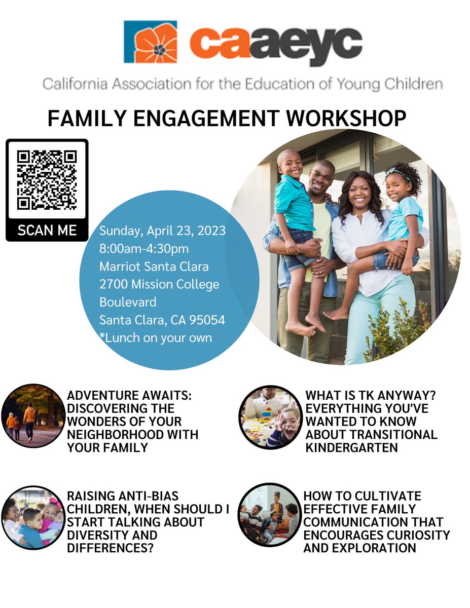 scv_caaeyc's tweet image. This event is for families with young children and will be happening simultaneously with the CAAEYC Annual Conference on Sunday, April 23. Please share with families you work with and spread the word! Scan QR code for workshop descriptions and registration!