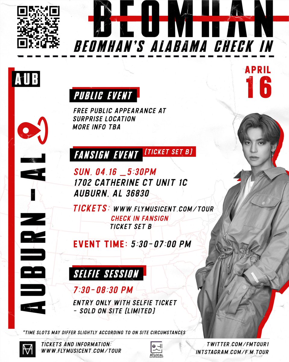 fmtour1's tweet photo. BEOMHAN’S USA CHECK IN

🎟 ALABAMA SCHEDULE &amp; TICKET INFO

 🗓 04/16 Sun
• Public Event (more info tba)
• 5:30 PM - Fansign Event (Tour Photo Print)
• 7:30 PM Selfie Session

Tickets on sale Wed 04/13 at 10PM local time!
https://t.co/LbM4tuxIcu

#beomhan https://t.co/BKK8TI3Apd