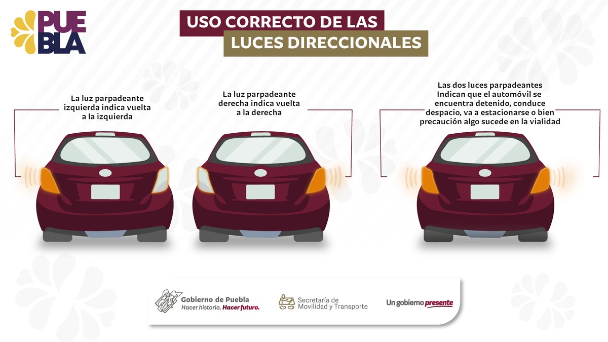 MTGobPue's tweet image. El no utilizar las luces direccionales pone en riesgo a las y los conductores, por eso hoy queremos recordar el uso de ellas en todo momento y así evitar accidentes viales. #ManejaSeguro #PorPuebla #HagámosloJuntos