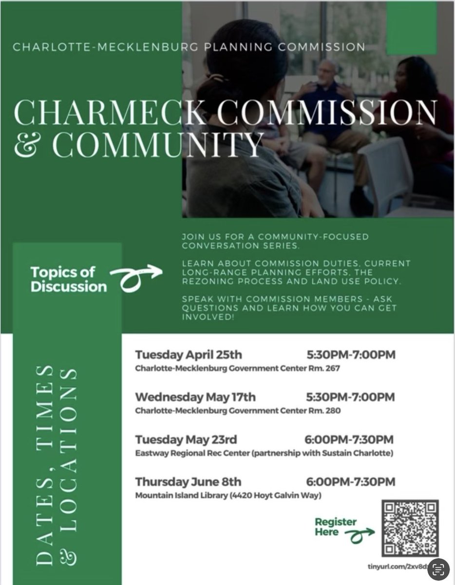 As many of you know I serve on the Char-Meck Planning Commission. We're hosting Open Houses for community folks to hear about the work that we do, land use policy, &amp; how to get involved. RSVP for one of the upcoming conversations: eventbrite.com/cc/charmeck-co…