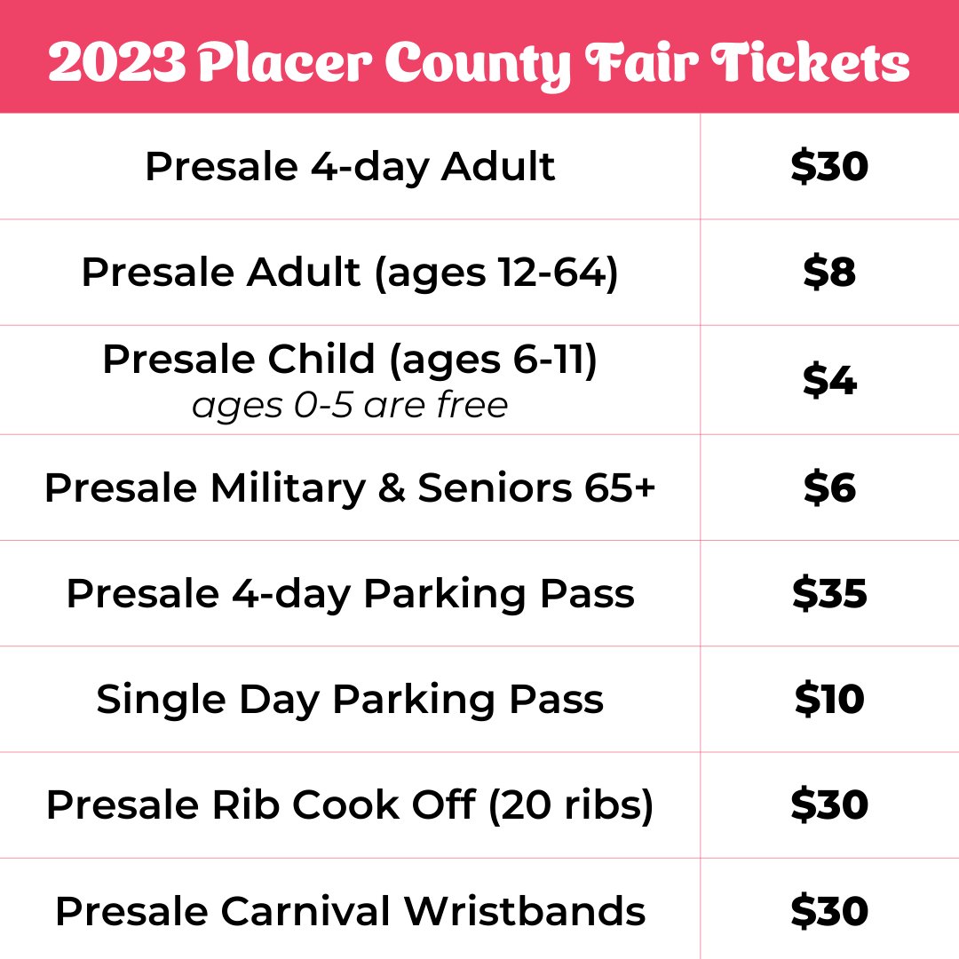 Grab your PRE-SALE tickets for the 85th Placer County Fair! Join us in the #summerfun June 22-25; each ticket purchased grants you free admission to concerts.🎟

Don't miss seeing the Spazmatics, <a href="/wonderbread5/">Wonder Bread 5</a> <a href="/OutLawMariachi/">The OutLAw Mariachi</a> and much more! 🤩

ow.ly/vCZU50NHG0w
