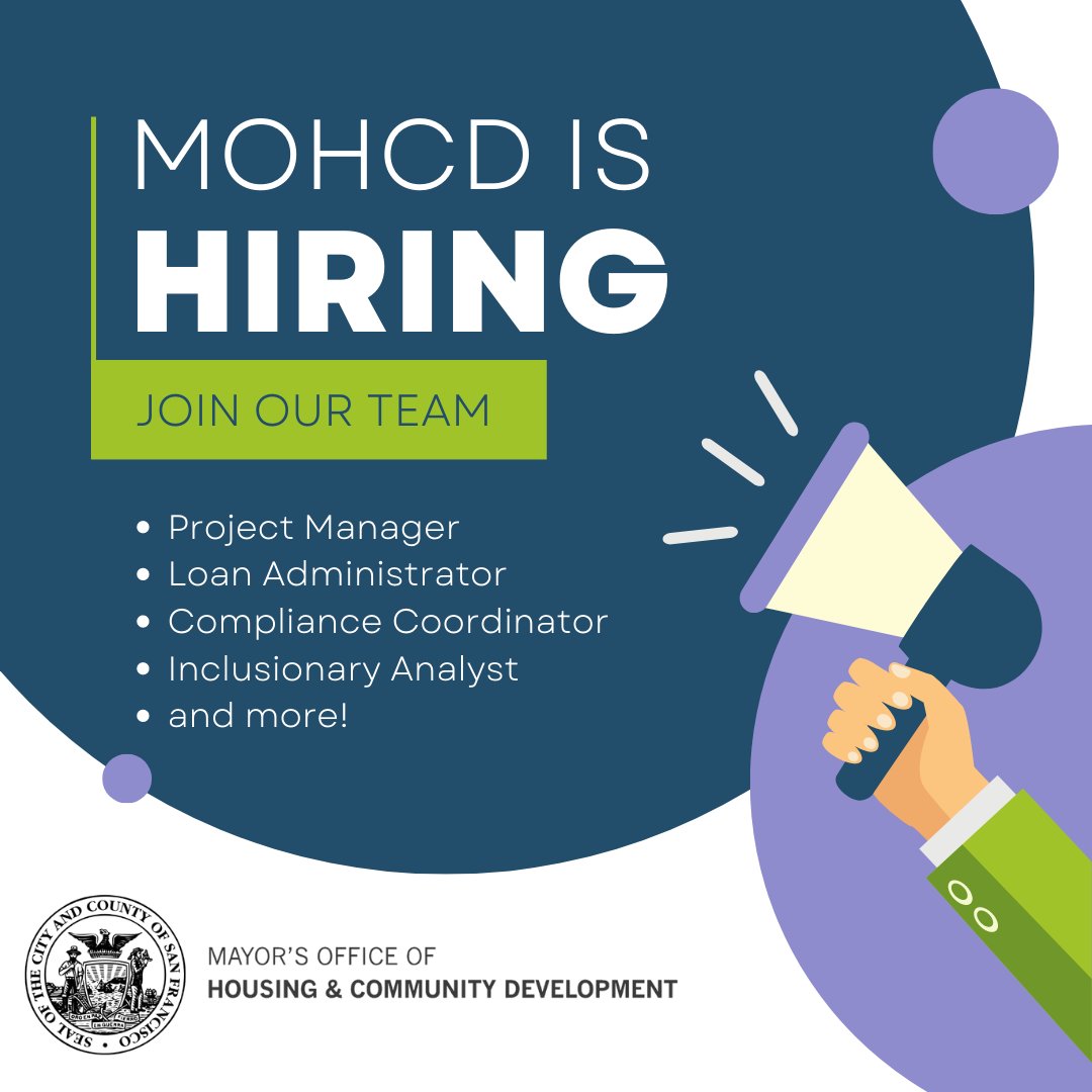 We're hiring! MOHCD's mission is to address social, economic, and racial inequities through the creation of affordable housing and the funding of essential services that are foundational for strong communities. 

Explore open job opportunities at MOHCD: sf.gov/information/jo…