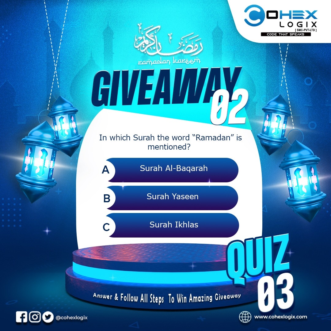 CohexLogix's tweet photo. To win;
👉🏻 Open Our Profile at Facebook, Instagram, twitter and LinkedIn
👉🏻 Like the post
👉🏻 Comment correct answer
👉🏻 Share post with 5 friends at all platforms
👉🏻 Share screenshot of all 4 tasks to INBOX
#Cohexlogix #giveaway #ramadan2023 #ramadan2023giveaway #excitingprize https://t.co/HBbrpM1Lrw