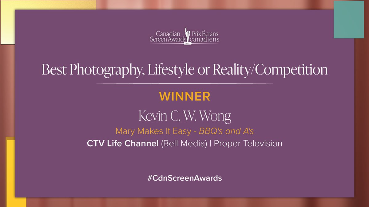 The Canadian Academy (@thecdnacademy) on Twitter photo The winner for Best Photography, Lifestyle or Reality/Competition is Kevin C.W. Wong for “Mary Makes It Easy - BBQ’s and A’s.” Congratulations! @CTVLife <a href="/BellMediaPR/">Bell Media PR</a> #CdnScreenAwards The winner for Best Photography, Lifestyle or Reality/Competition is Kevin C.W. Wong for “Mary Makes It Easy - BBQ’s and A’s.” Congratulations! @CTVLife <a href="/BellMediaPR/">Bell Media PR</a> #CdnScreenAwards