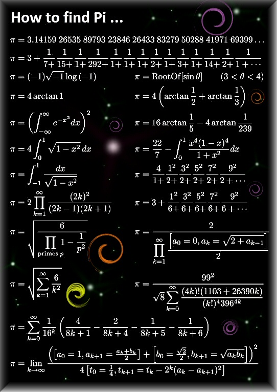 pickover's tweet image. Mathematicians dream of π.
Let's imagine handing this to space-faring extraterrestrials as a gift, or to determine how many of these they have discovered themselves.
This equation set is circulating widely on the web. Example: bit.ly/3JlVhU0