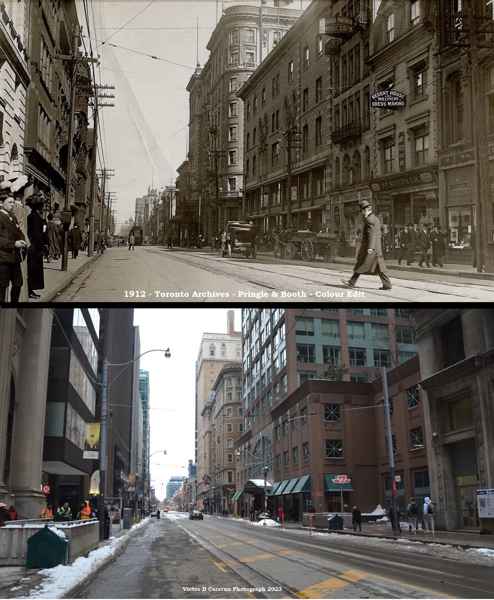 TorontoPast's tweet photo. Toronto Past and Present: King St E: 1912 vs 2023. It's interesting to see how some of the newer buildings will sometimes have an architectural "nod" to the past. (Toronto Archives)#torontopastandpresent #torontopast #torontoarchives #kingsteast #kingedwardhotel #omnikingedward https://t.co/YlC2Ol5wBt