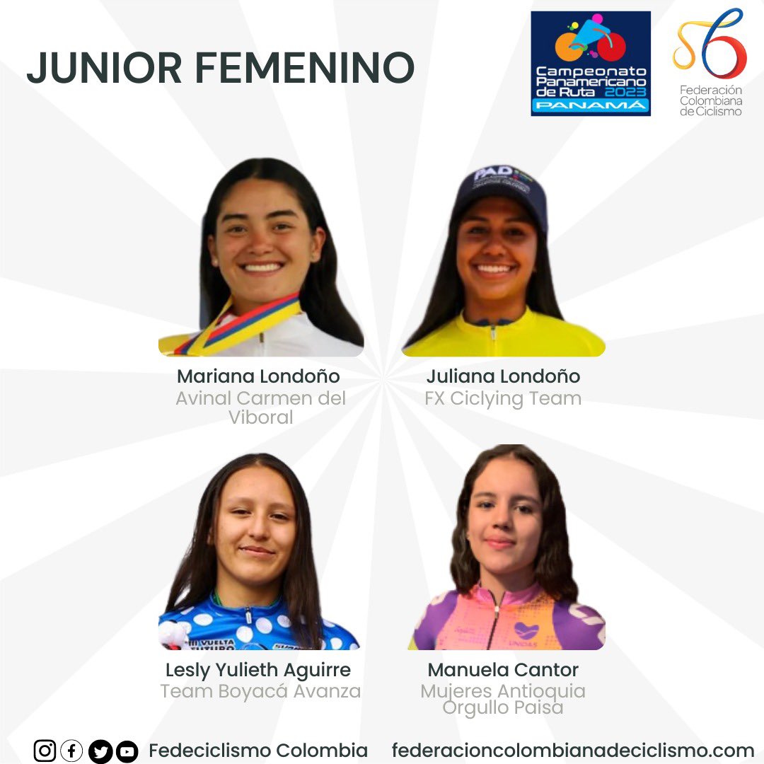 Las damas que representarán a Colombia <a href="/fedeciclismocol/">Federación Colombiana de Ciclismo</a> en el Campeonato Panamericano de Ruta en Panamá. 

<a href="/C0PACI/">🔴 Confederación Panamericana de Ciclismo</a> <a href="/BiciGoga/">Goga Ruiz-Sandoval</a> <a href="/fungero/">Fungero</a>