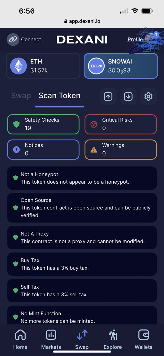 <a href="/MrBigWhaleREAL/">Mr. WHALE</a> Do all your trading safely on <a href="/Dexaniio/">Dexani.io</a> app here’s an example of #nowai safety check looks pretty good to me 
#Crypto 

app.dexani.io