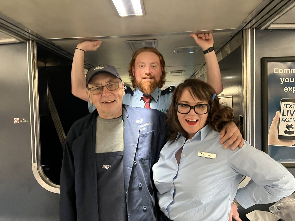 suzannemurtha's tweet photo. Alan came up from the kitchen!!  Zack and Noelani and Alan made us an amazing @Amtrak dinner on the #empirebuilder.  We so love our #traincations.  I think @keenezyk can actually beat me at #tickettoride …but maybe not ❤️ https://t.co/btrb9c5zsK