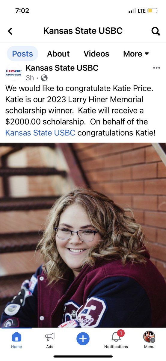 Congratulations to senior bowler Katie Price for earning this scholarship through Kansas State USBC. Another great day to be a Viking. Congratulations young lady!!