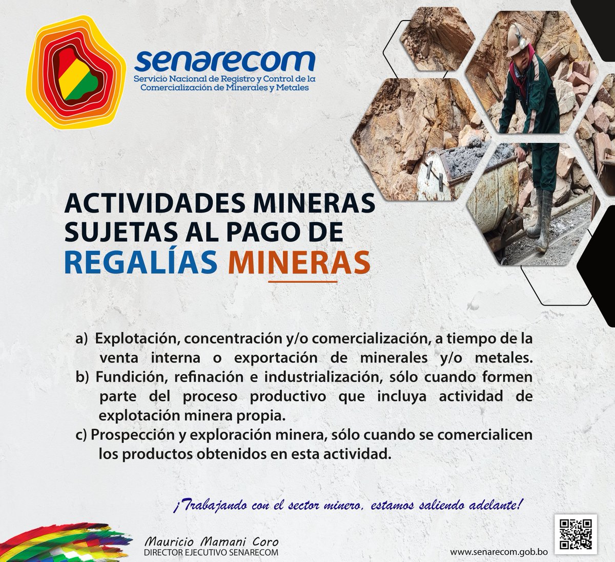 senarecom1's tweet photo. #Senarecom | La Ley Nº 535, establece que actividades mineras están alcanzados por la Regalía Minera.
#TrabajandoConElSectorMinero
#EstamosSaliendoAdelante https://t.co/ol3Zyk8wtD