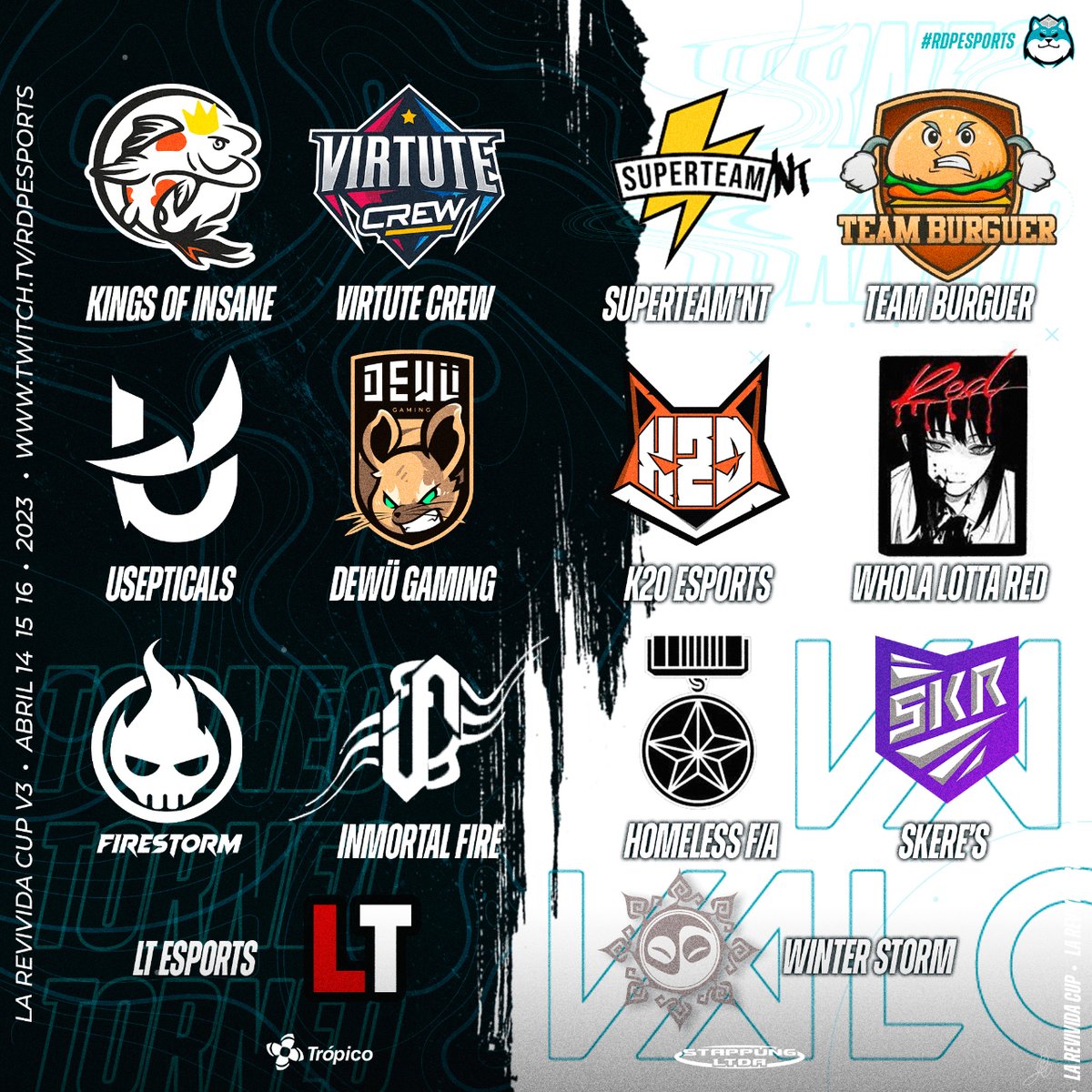 RDP_ESPORTSGG's tweet photo. 🏆🏅¿Quién de estos equipos se convertirá en el nuevo campeón de LA REVIVIDA CUP V3?🏅🏆
Descúbrelo junto a nosotros este 14, 15 y 16 de abril por nuestro canal de https://t.co/z9Wibnz8qc
Y tú... ya tienes a tu favorito? Coméntanos 👇 https://t.co/HwG0IEZnRd