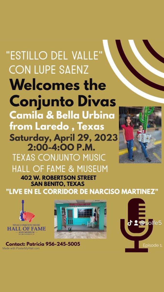 SbtxConjuntoHOF's tweet photo. Join us 4/29 for “Estillo Del Valle” with Lupe Darnz and Conjunto Divas! #conjunto #956rgv #Museums2023 https://t.co/VEiNBaax1v