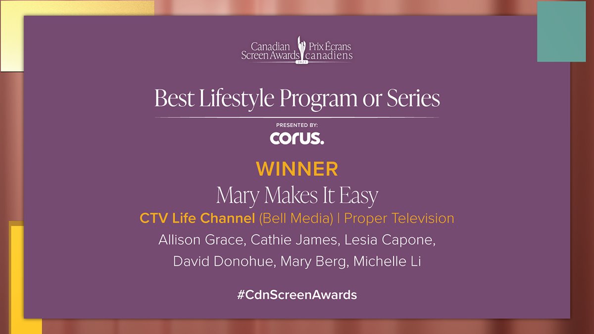 The Canadian Academy (@thecdnacademy) on Twitter photo The winner for Best Lifestyle Program or Series, presented by <a href="/CorusPR/">Corus Communications</a>, is “Mary Makes It Easy.” Congratulations to the team! @CTVLife <a href="/BellMediaPR/">Bell Media PR</a> #CdnScreenAwards The winner for Best Lifestyle Program or Series, presented by <a href="/CorusPR/">Corus Communications</a>, is “Mary Makes It Easy.” Congratulations to the team! @CTVLife <a href="/BellMediaPR/">Bell Media PR</a> #CdnScreenAwards