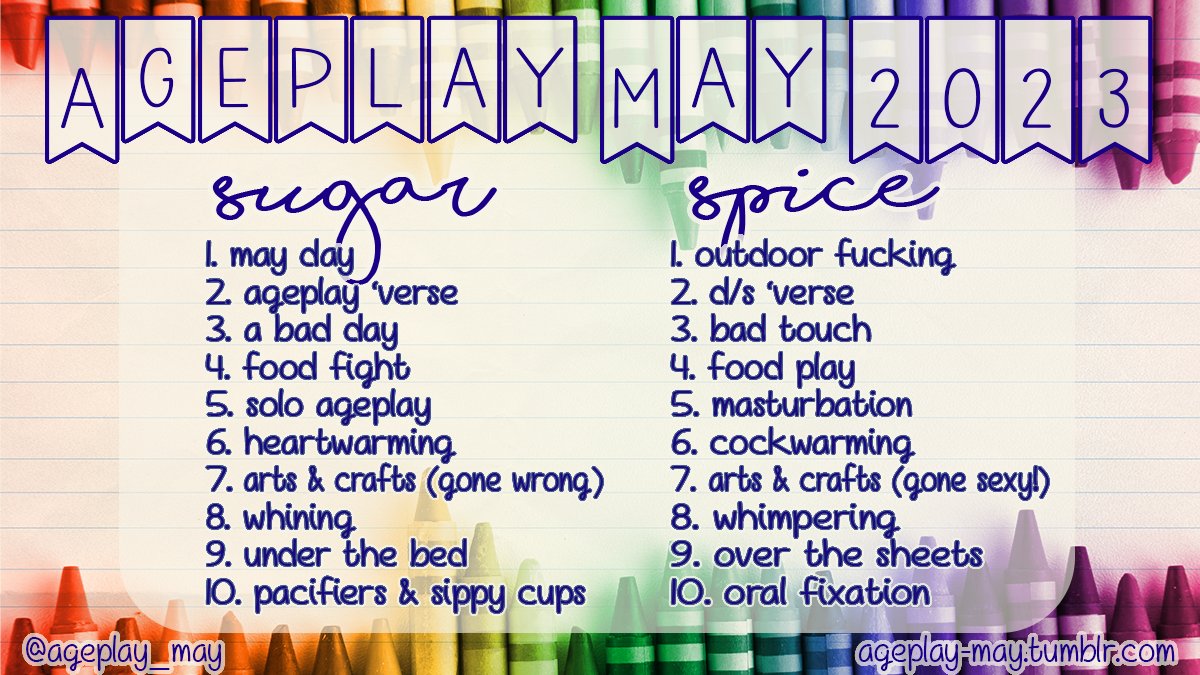 ageplay_may's tweet photo. #AgeplayMay2023 is here! Prompts are up now, and posting starts May 1st! We can't wait to see your amazing art, writing, and more! 

#ageplaycommunity #ageplay
#adultwriting #kinkyart #ageplaymay #ageplaykink https://t.co/mA6aclayY9