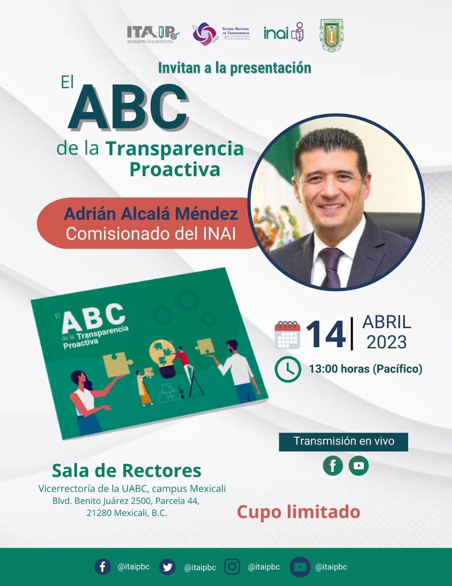 📚No te pierdas la presentación del cuadernillo: "El ABC de la transparencia Proactiva", desde la <a href="/UABC_oficial/">UABC_oficial</a>, proyecto coordinado por el personal de la @GA_TP_INAI del <a href="/INAImexico/">INAI</a>.👇

🗓️14 de abril
⏰13:00 (Pacífico), 12:00 (CDMX)
📹#EnVivo por las redes sociales del <a href="/ITAIPBC/">ITAIPBC</a>