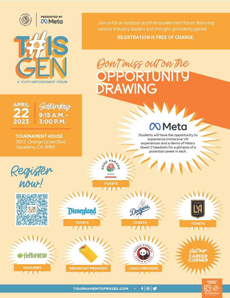 PasadenaUnified's tweet photo. #pusd high schoolers and recent grads ages 16-22 are invited to the Pasadena #tournamentofroses' student empowerment event- #ThisGen on 4/22/23! Chances to win Rose Parade, Disneyland, Dodgers and LAFC tickets. Free registration. @bmcdonald6 https://t.co/PXgu2W3jld! https://t.co/T3ehjnJ5O3