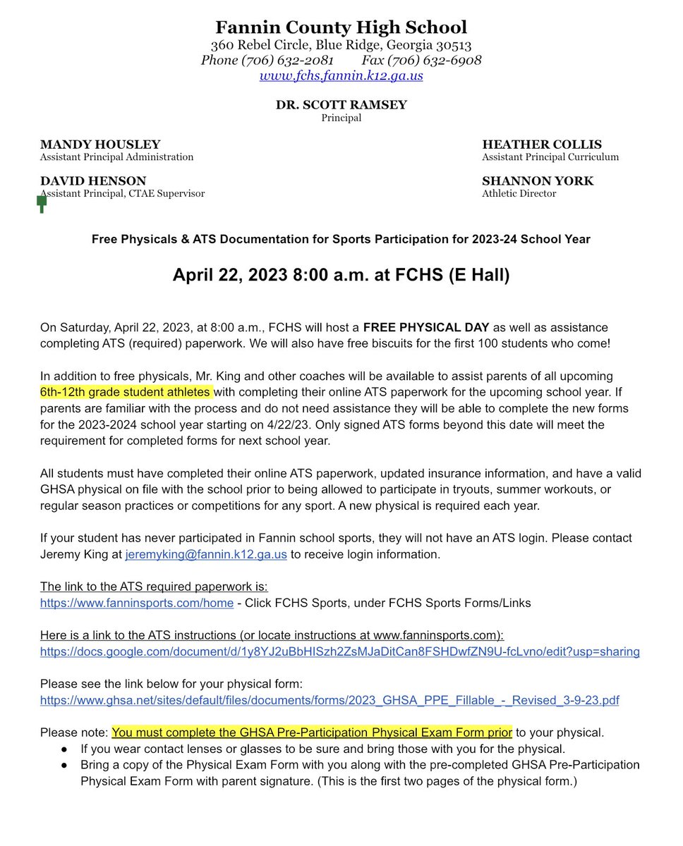 Free Physicals April 22nd 8am at High School!